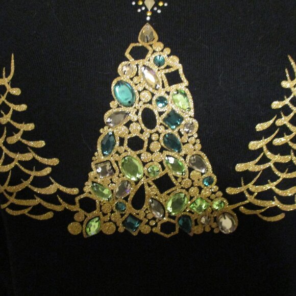 Karen Scott Black Long Sleeved Shirt w/Green & Gold Embellished Christmas Trees - Picture 2 of 5